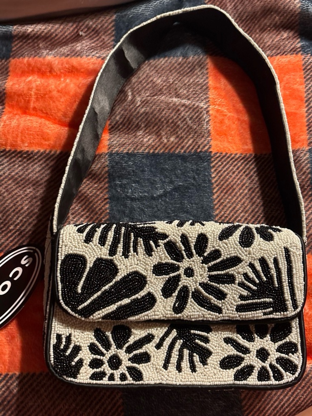 Beaded Floral Crossbody Bag - Black & Cream